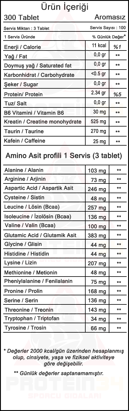 hardline amino full 300 tablet besin bilgisi
